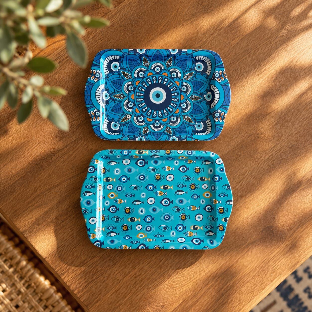 Çift Yön Baskılı Nazar ve Metal Temalı 2'li Metal Tepsi Seti – 25x16 cm