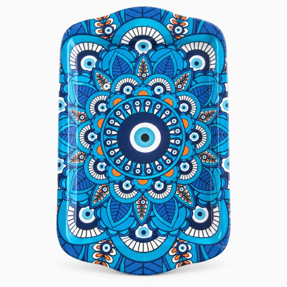 Çift Yön Baskılı Nazar ve Metal Temalı 2'li Metal Tepsi Seti – 25x16 cm