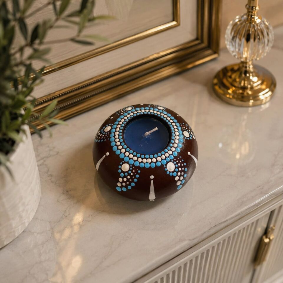 El Emeği Dot Mandala Bordo Mavi Ahşap Mumluk