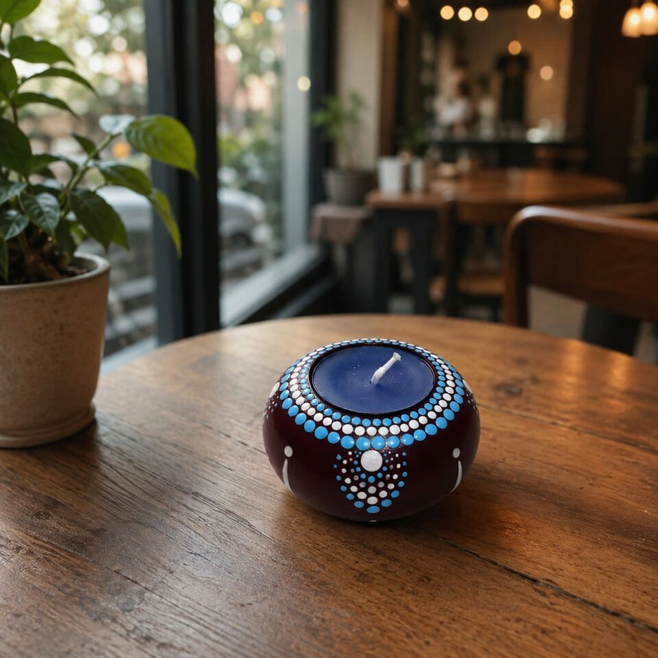 El Emeği Dot Mandala Bordo Mavi Ahşap Mumluk