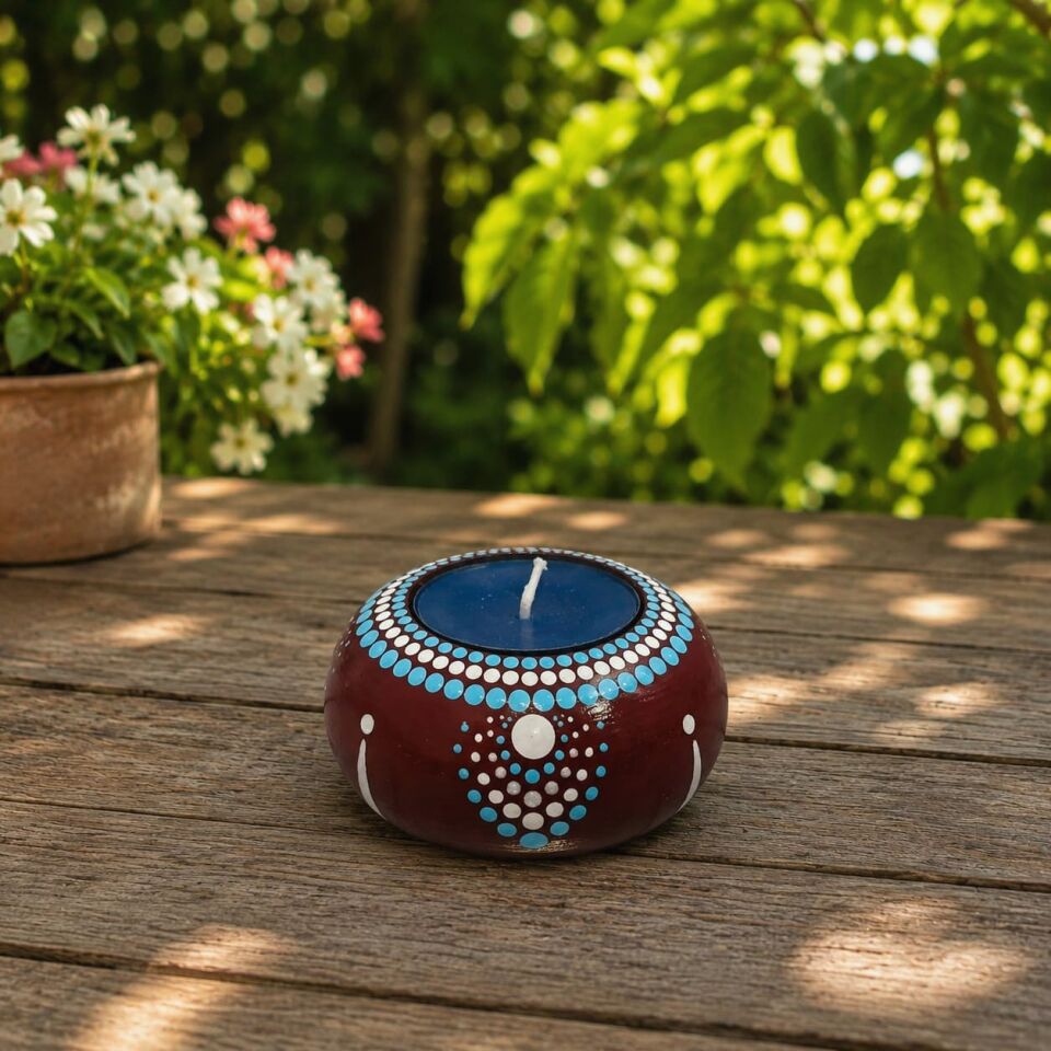 El Emeği Dot Mandala Bordo Mavi Ahşap Mumluk